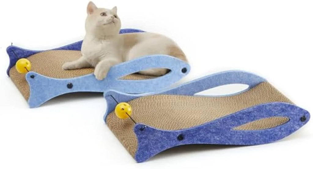 Blue fish-shaped cardboard cat scratcher lounger with a red bell ball toy on an elastic cord.