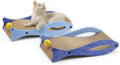 Blue fish-shaped cardboard cat scratcher lounger with a red bell ball toy on an elastic cord.