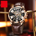 Men's automatic mechanical watch with 44mm barrel dial and transparent case back on genuine leather strap