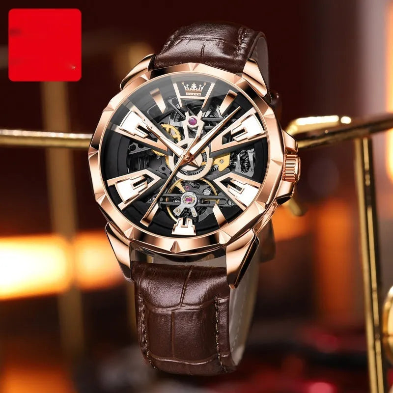 Men's automatic mechanical watch with 44mm barrel dial and transparent case back on genuine leather strap