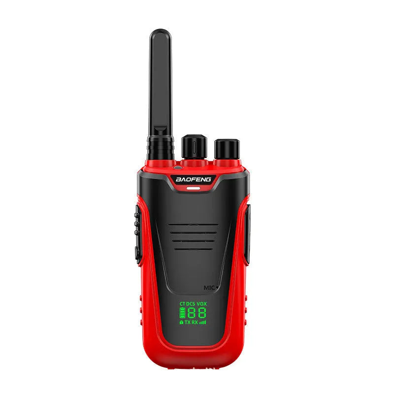 Red and yellow high-power intercom units showing compact 95mm design with USB charging port