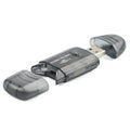 Transparent USB card reader with LED light showing memory card slots and USB plug