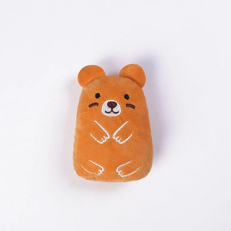 Small brown plush cat toy with a bite-shaped design for chewing and interactive play.