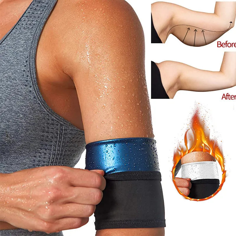 Adjustable sports arm sweatband in multiple colour options including blue, silver, black with red, and black with yellow.