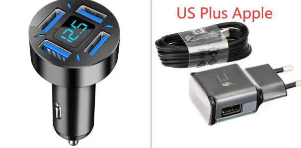 Four-port USB car charger with digital voltage display showing output reading