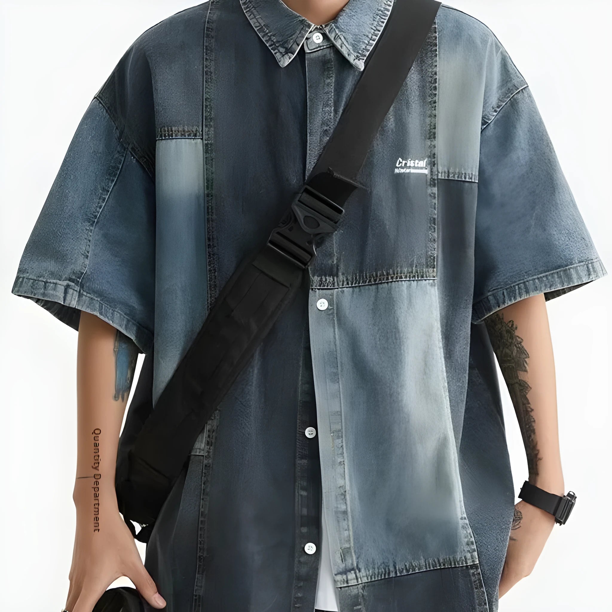 Blue men's loose-fit denim shirt with Japanese retro wash and stitching details