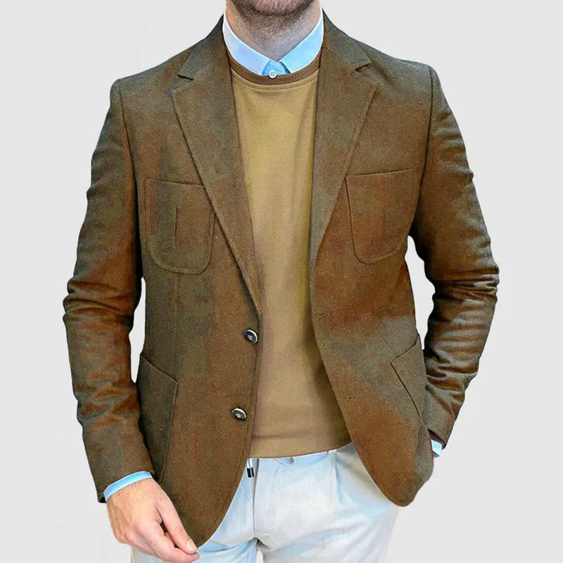 Men's loose-fit cotton suit jacket in a retro style, shown in a solid colour.