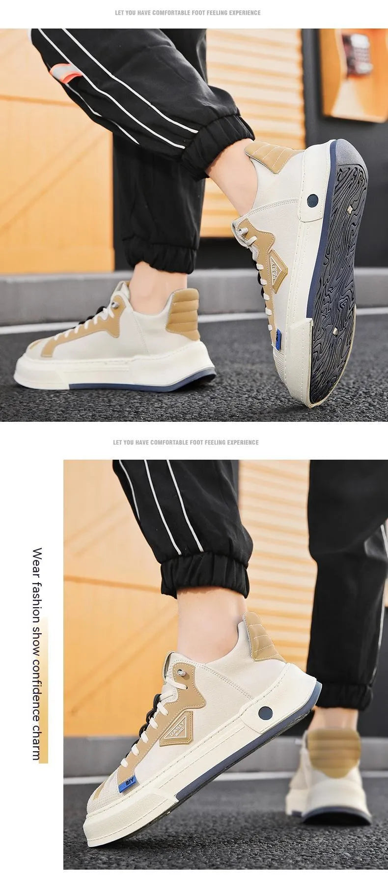 Men's beige low-top casual sneakers with elastic band and leather stitch details on microfiber upper.