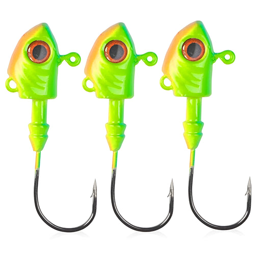 Yayu-shaped lead head hook fishing lure simulation in blue, silver, and yellow colours showing different weight sizes.