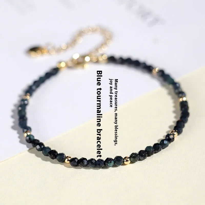 Blue tourmaline 3mm cut beaded bracelet with spacer bead design for women's jewellery