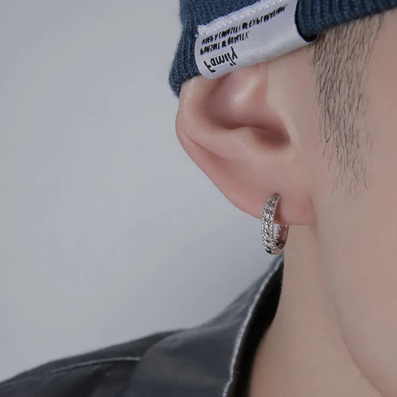 Men's geometric stud earrings with silver-colour finish and West Coast hip hop style