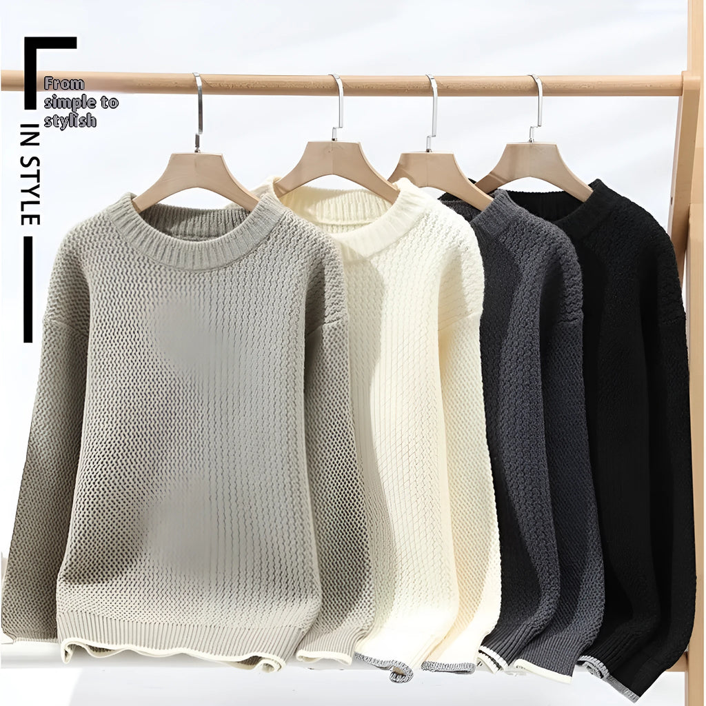 Men's loose fit round neck sweater in a chemical fibre blend, shown in grey, white, black, and khaki colours.