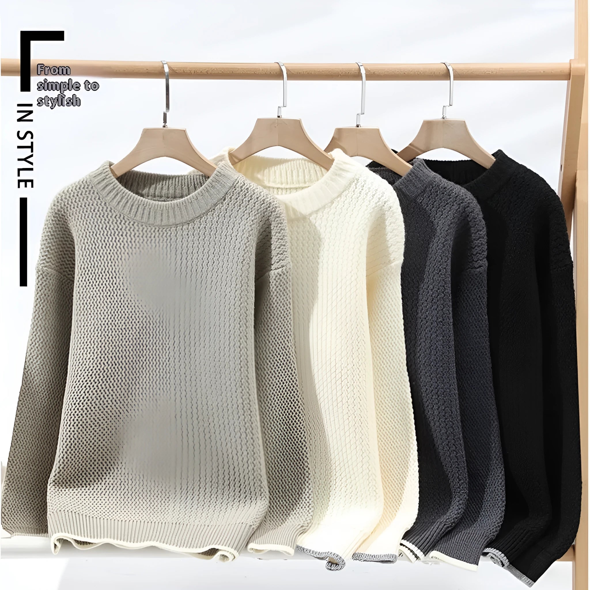 Men's loose fit round neck sweater in a chemical fibre blend, shown in grey, white, black, and khaki colours.