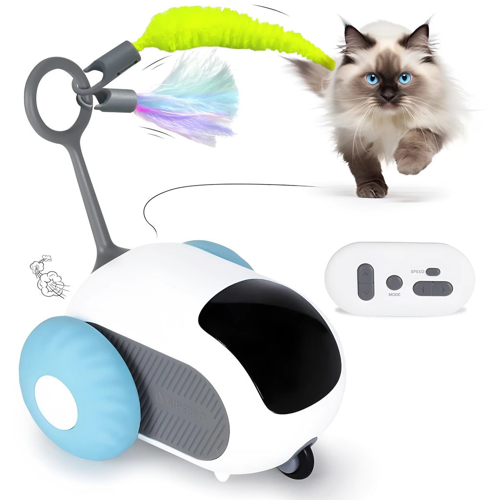 Blue remote controlled smart cat toy car with feather teaser attachment on hard floor