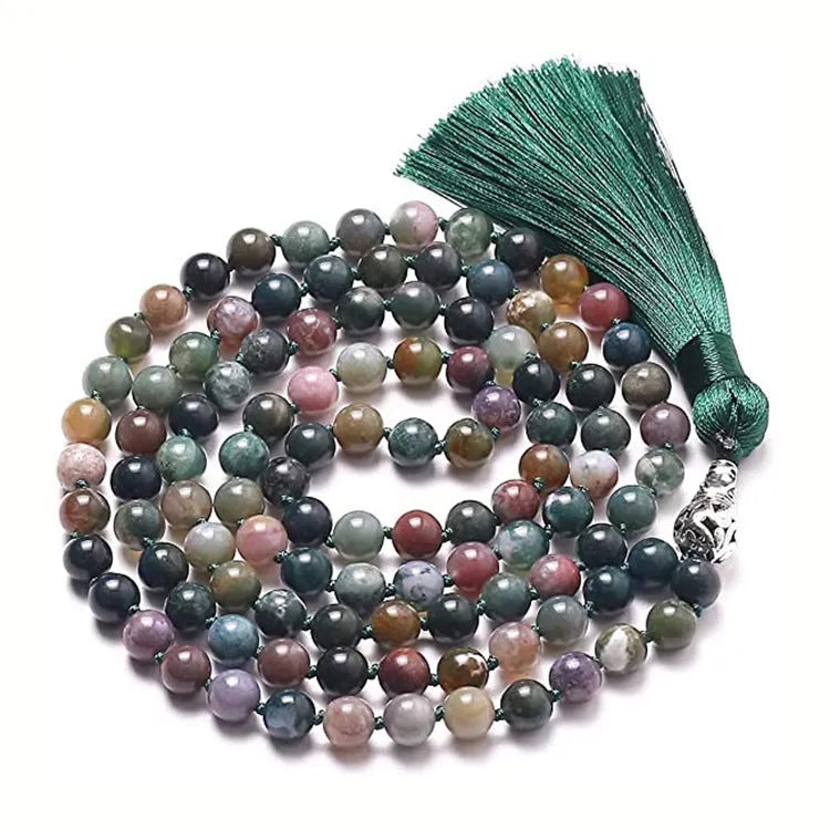 Long colourful agate and stone bead necklace with a geometric tassel, measuring 95-100cm