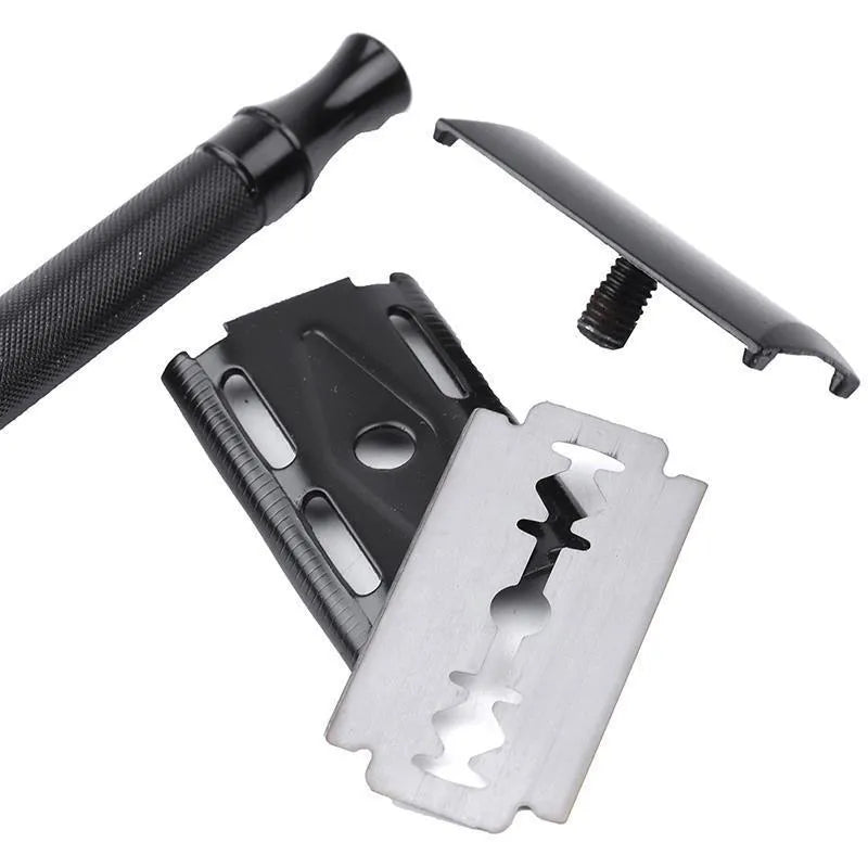 Traditional manual shaving razor with brush set in black or silver finish