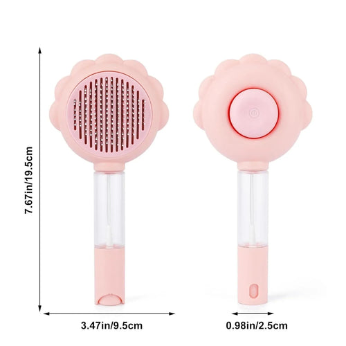 Grey spray function pet brush with stainless steel bristles and a self-cleaning button on the handle.