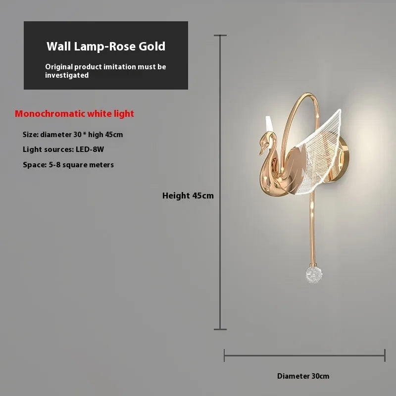 Gold modern swan bedside wall lamp with acrylic shade and dimming control