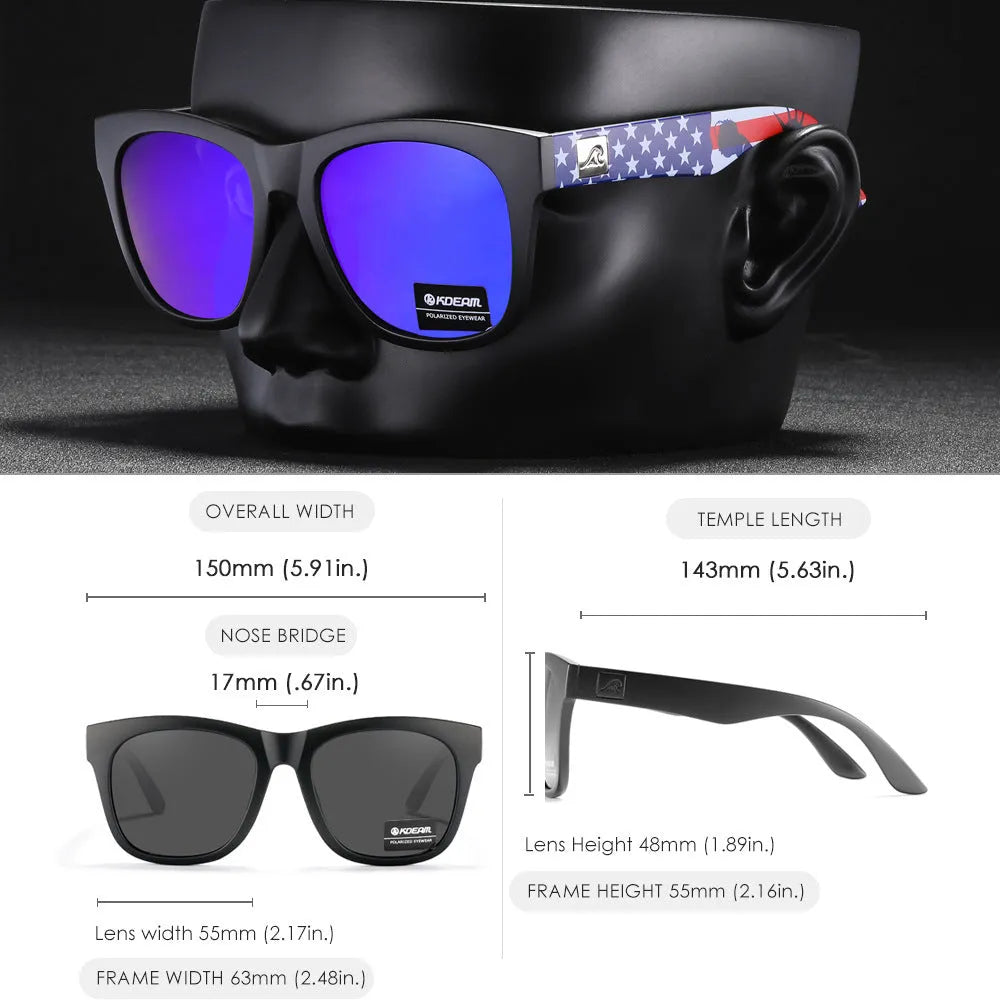 Polarised sunglasses with TAC lenses and PC frame for outdoor fishing and driving.