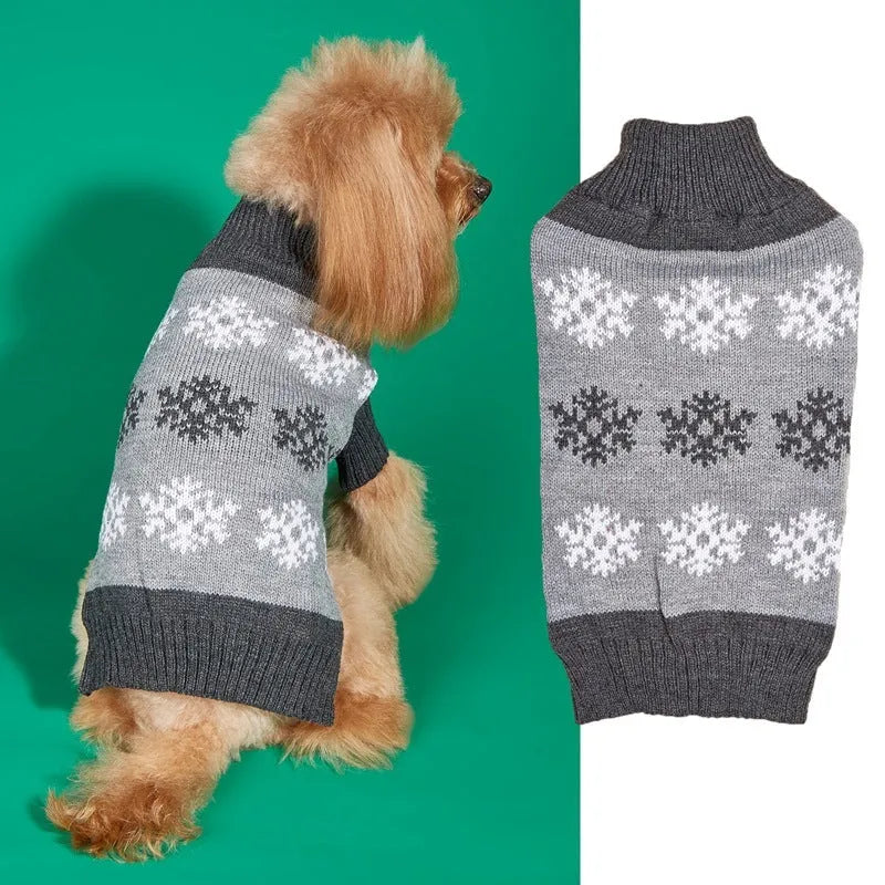 Dog wearing snowflake pattern Christmas sweater in grey and dark brown colours