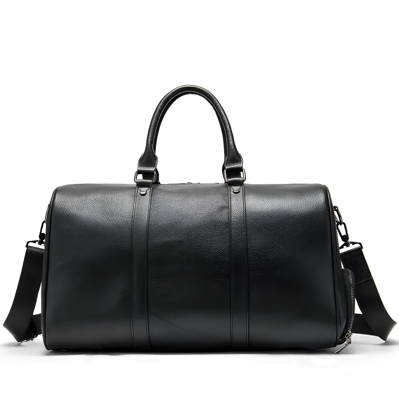 Men's black leather tote bag with single shoulder strap showing 20L capacity
