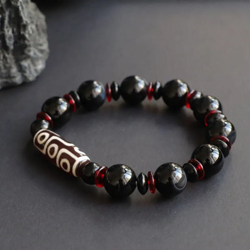 Black agate Dzi bead bracelet with 11mm geometry-shaped stones and hand-woven construction