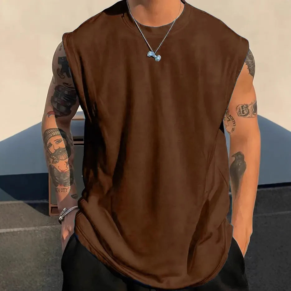 Men's loose cotton tank top in solid colours showing sleeveless design and straight hem