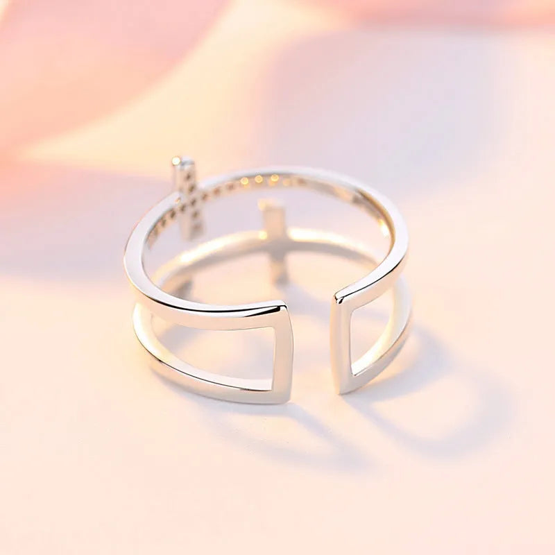Double cross geometric copper ring with zircon inlay and adjustable open design