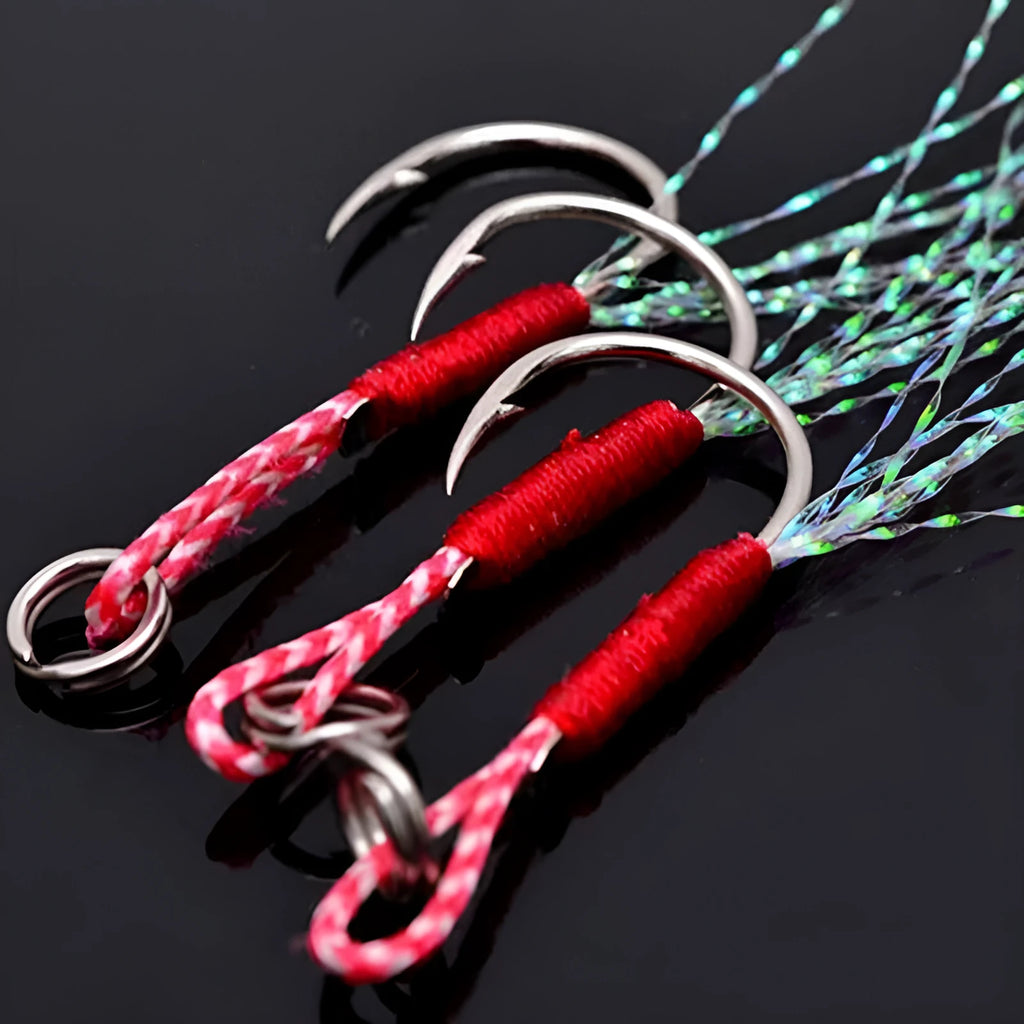 Single bright wire fishing hook on iron plate base, showing hook eye, shank, and point