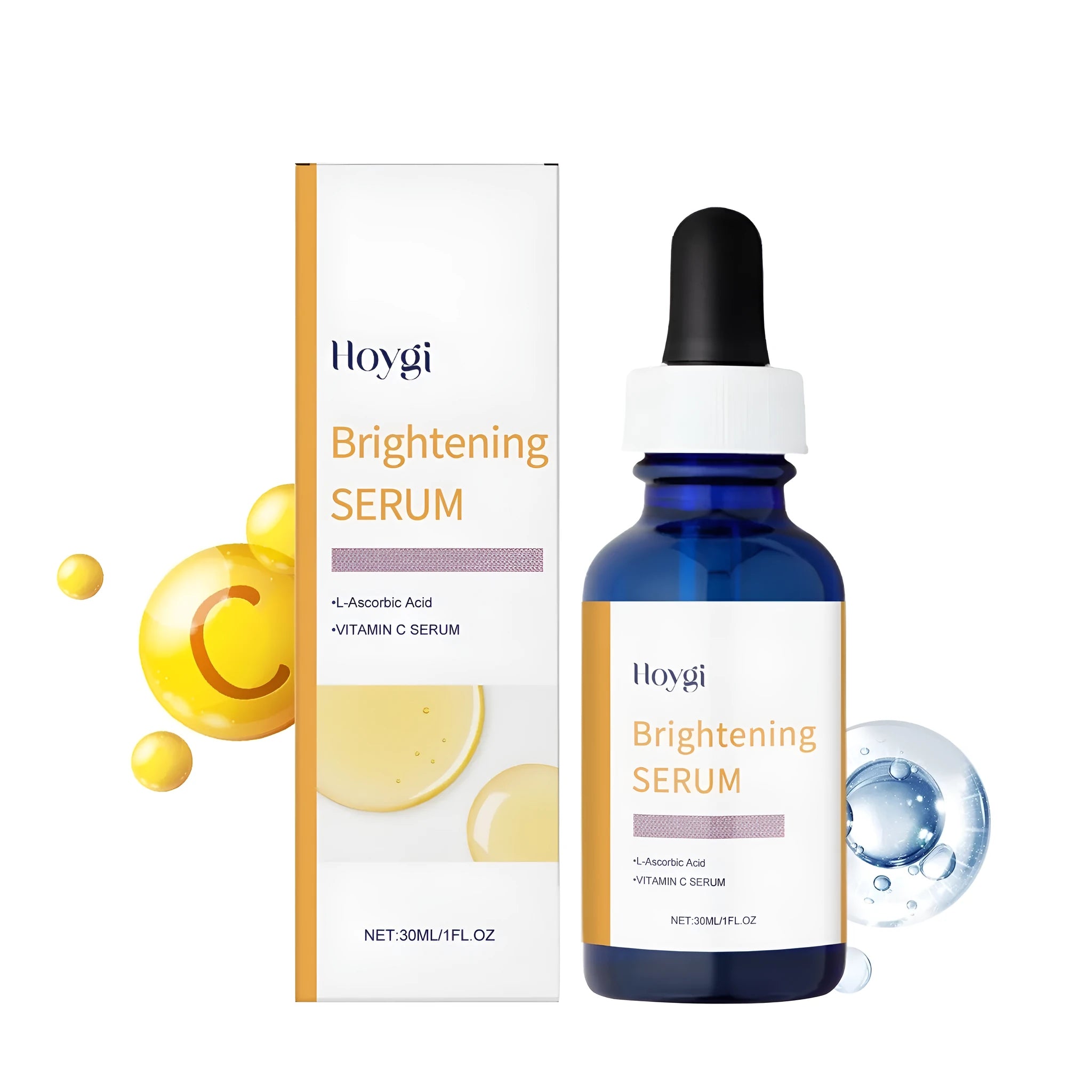 30ml vitamin C serum bottle with dropper containing ascorbic acid and vitamin E facial essence