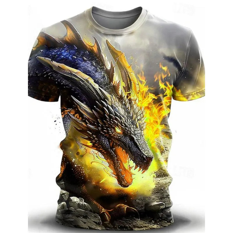 Men's grey t-shirt with a large, detailed 3D wind dragon graphic print on the front.
