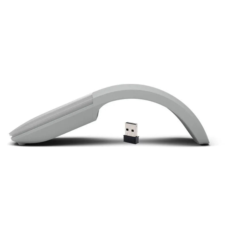 Folded Bluetooth wireless mouse showing compact 131.2mm length with touch surface and multiple colour options