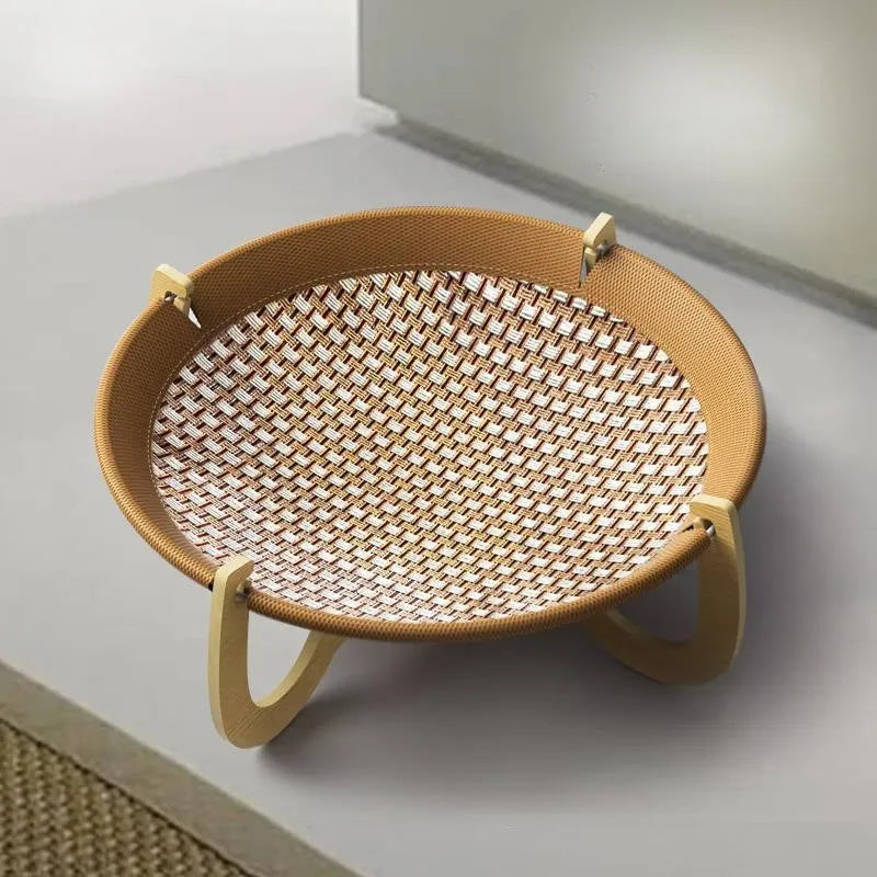 Brown rattan woven elevated pet bed measuring 46cm square with 17.5cm height