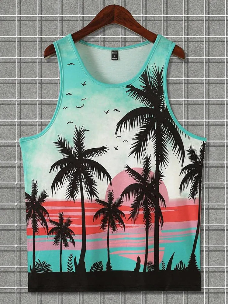 Men's solid colour Hawaiian style sleeveless vest with a 3D printed pattern.
