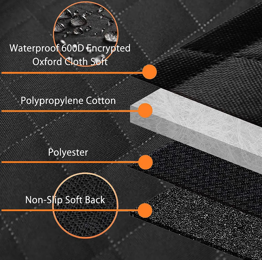 Black waterproof dog car seat cover with orange edge, shown as a hammock on a rear car seat
