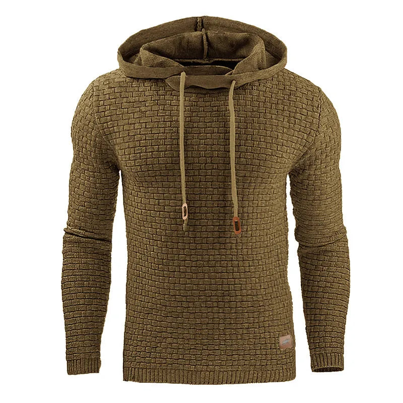A men's hoodie sweater in a cotton-polyester blend, shown in one of nine available colours including black, navy, or grey.