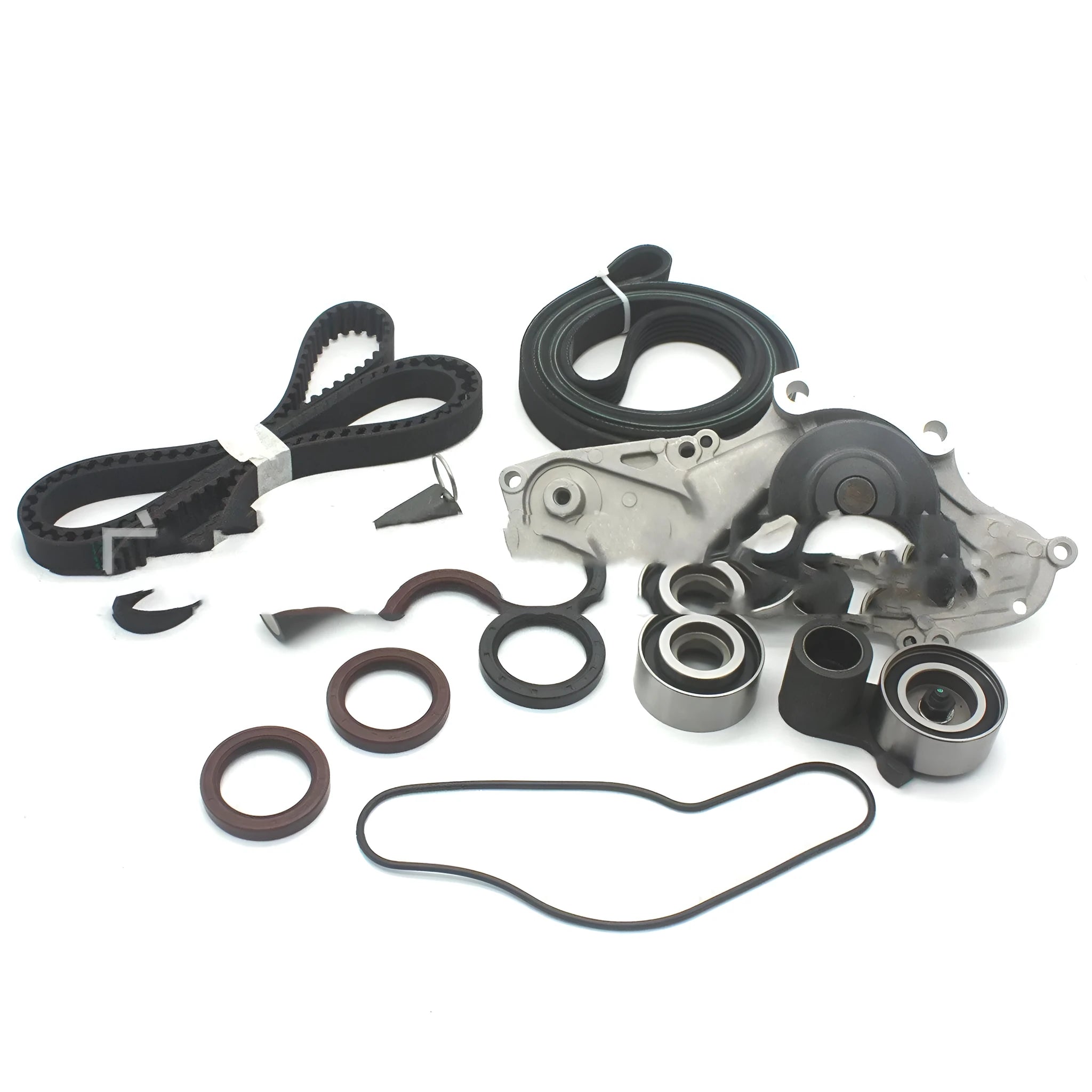 Metal water pump and belt assembly replacement part measuring 28x18x16cm