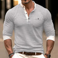 Men's solid colour long sleeve cotton T-shirt on a hanger, shown in grey.