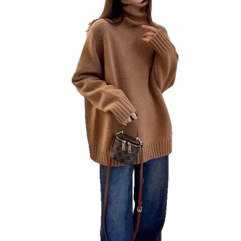 Women's loose-fit turtleneck sweater with thick curling pile collar in black, camel, grey, or red.