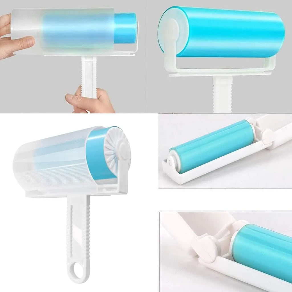 Blue washable reusable lint roller with cover for pet hair removal on fabric.