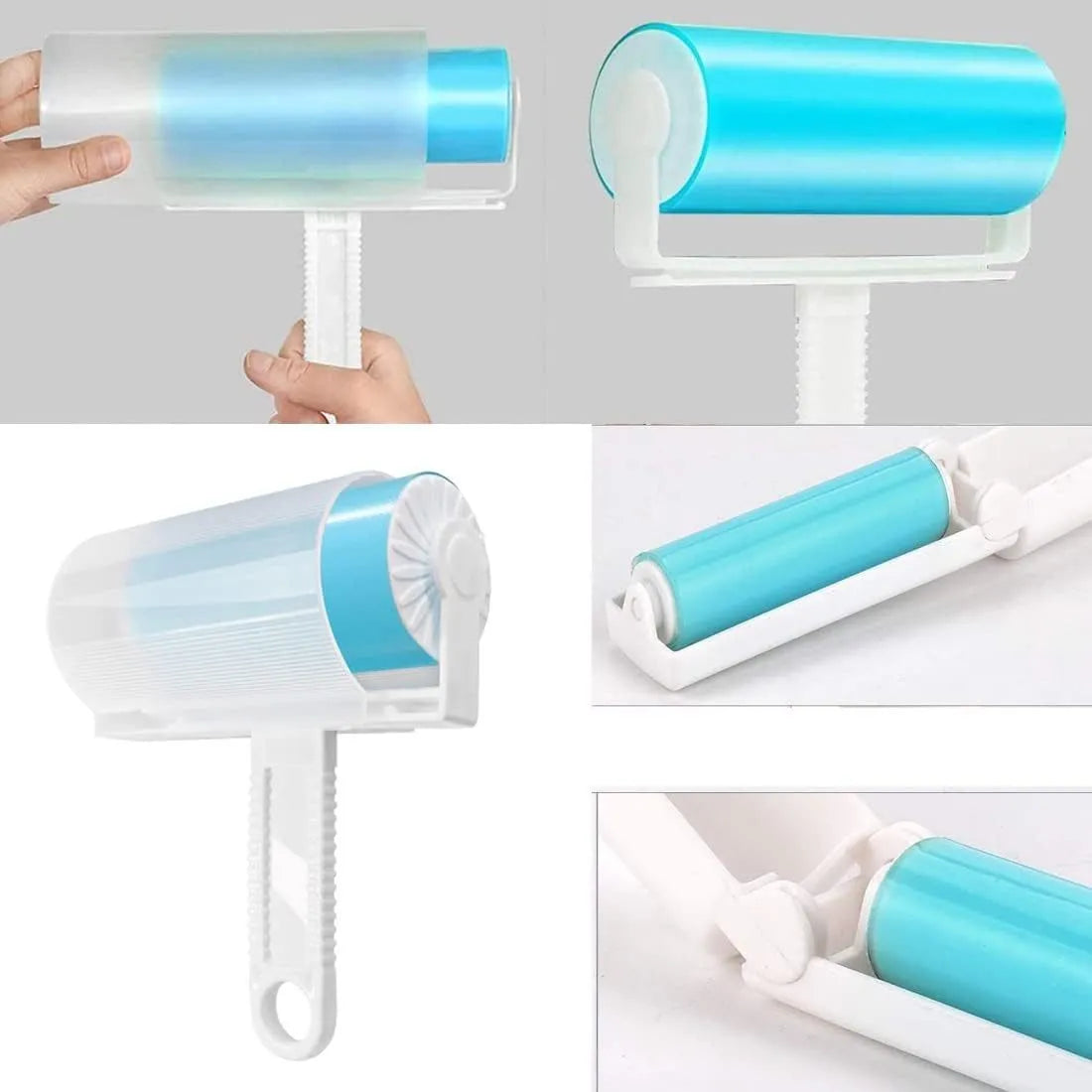 Blue washable reusable lint roller with cover for pet hair removal on fabric.