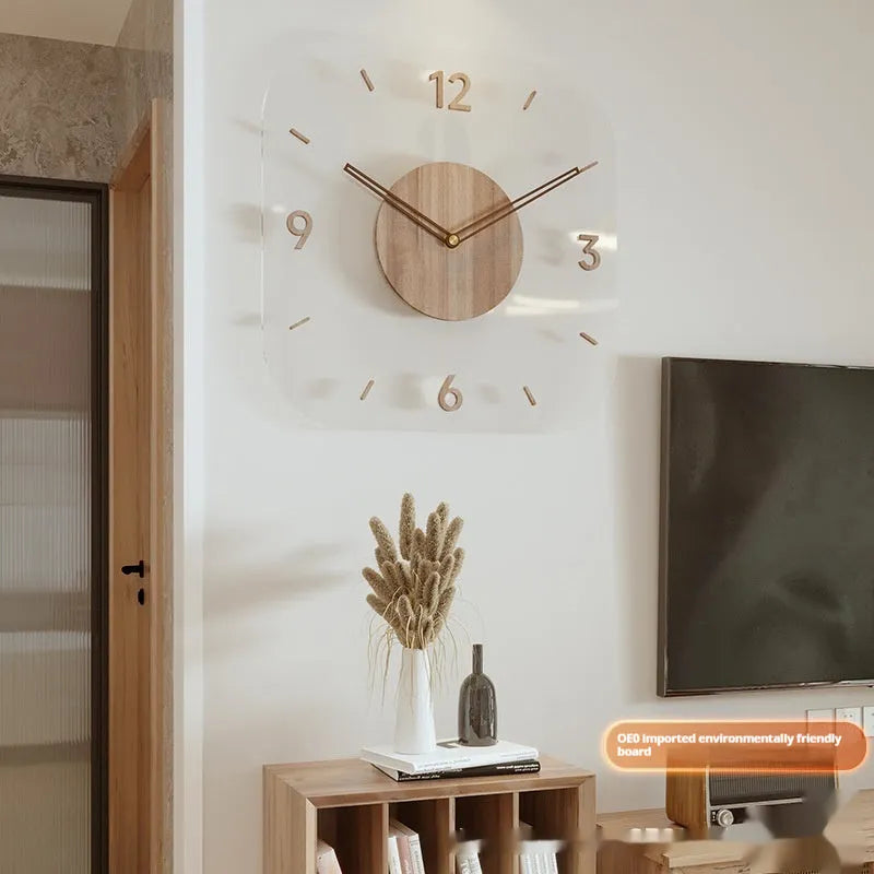 35cm square transparent wooden wall clock with modern design showing box frame and frameless options