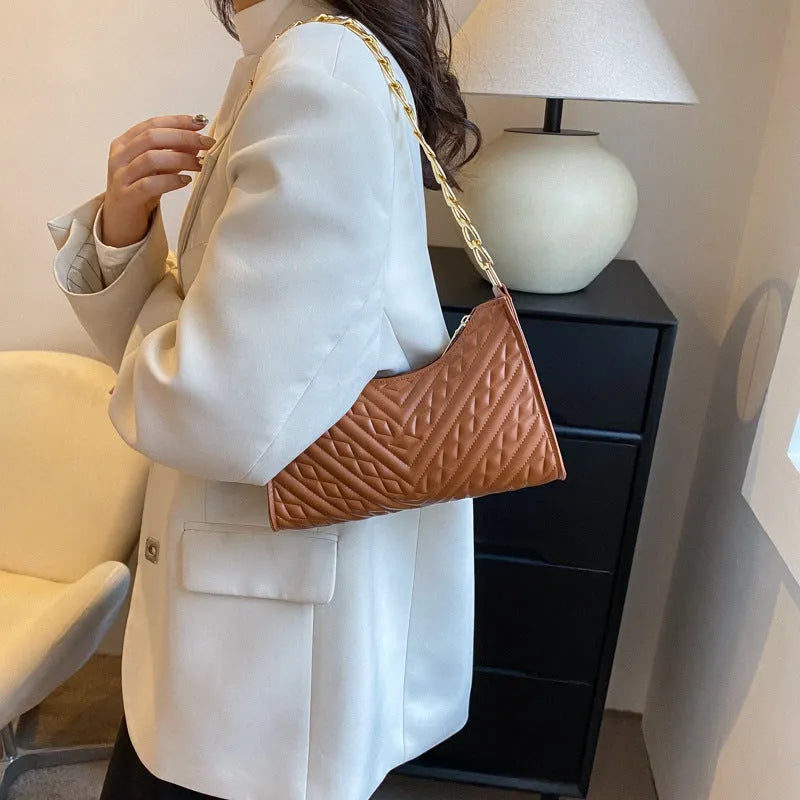 PU pleated chain baguette shoulder underarm bag in vertical square shape with adjustable strap