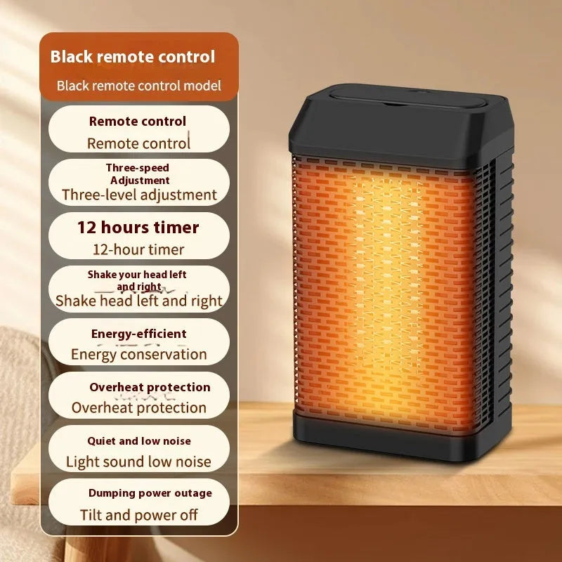 Black desktop warm air blower heater with remote control on wooden desk