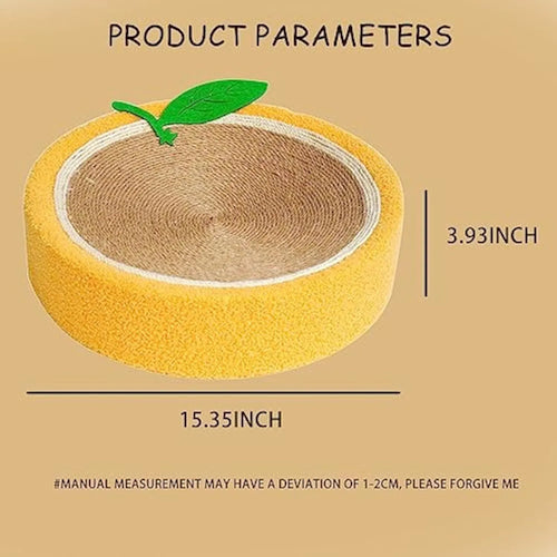 Yellow round cat scratching board with sisal surface and concave sleeping centre