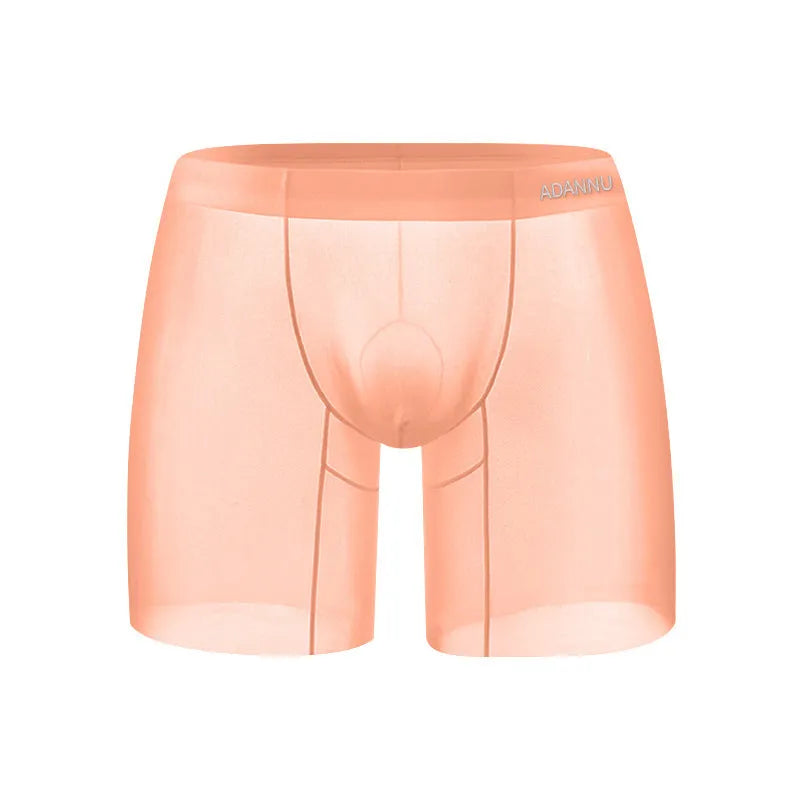 Men's solid colour ice silk boxer shorts on a white background, showing low waist design.
