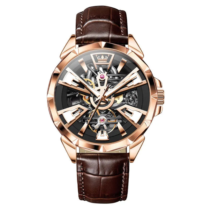 Men's automatic mechanical watch with 44mm barrel dial and transparent case back on genuine leather strap