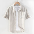 Casual linen shirt with a square collar and short sleeves in raw jute colour.