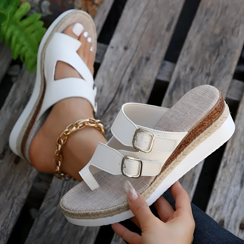 White woven patent leather women's wedge sandals with peep toe and finger fit design
