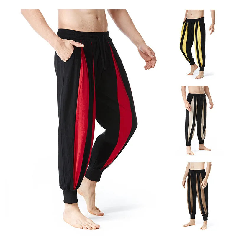 Men's straight leg casual trousers in red, khaki, yellow, or brown, made from polyester fabric.